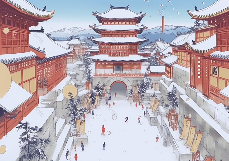 中国风国潮古代建筑楼阁和人群插画,插画/手绘图,插画/手绘图库,插画/手绘图下载,插画/手绘